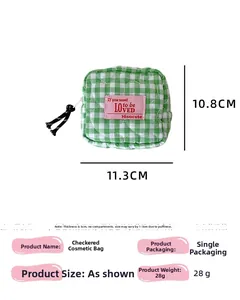 Green checkered storage bag dimensions 11.3x10.8x5cm with diamond quilting details
