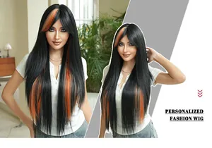 Detailed texture of 32 inch long straight black wig with vibrant orange highlights and bangs