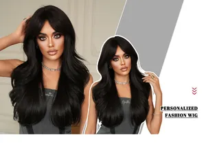 Detail of 26-inch wavy black wig with French bangs showing natural hair texture