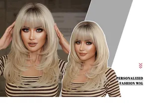 Detail view of 24-inch platinum blonde layered wig with bangs and wavy texture