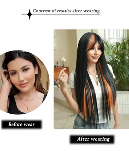 Detail view showing a 32in long straight black wig with vibrant orange highlights