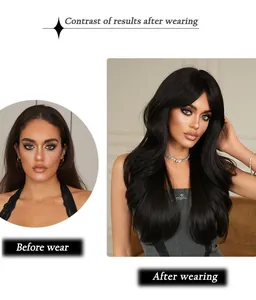 Before and after comparison of 26 inch long wavy black wig with side-swept bangs