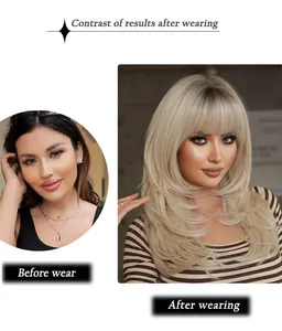 Comparison showing the 24in platinum blonde layered wig before and after wearing