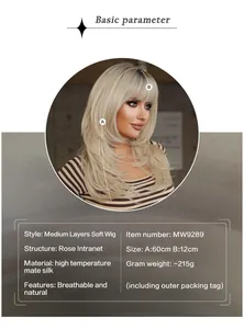 Detail of 24-inch platinum blonde layered wig with bangs and breathable rose net structure