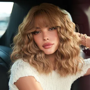 Honey brown 12-inch wavy bob wig with natural bangs for women, soft synthetic curly hair