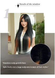 Detail view of 32 inch straight long wig showing realistic scalp and orange highlights