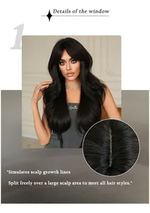 Detail of 26-inch black long wavy wig showing realistic scalp and free-parting design