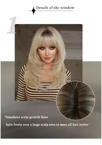 Detail view of the realistic scalp parting and texture of the blonde layered wig