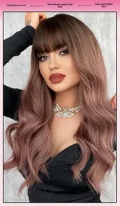 Detailed view of pinkish brown long wavy wig with bangs and soft natural texture