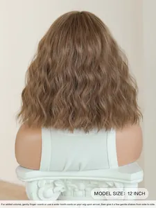 Macro rear view of a 12 inch light brown wavy bob wig on a white vintage mannequin