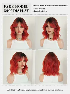 360-degree view of red gradient bob wig with shoulder-length wavy texture and bangs