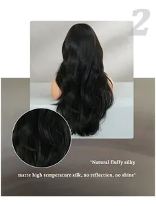 Macro view of high-quality matte long wavy black synthetic wig showing natural texture