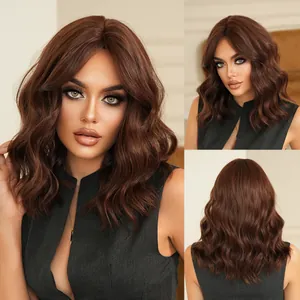Women Medium Length Curly Bob Wig Heat Resistant Synthetic Hair Natural Wavy Curls With Curtain Bangs Hairpiece For Daily Use