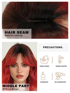Detailed care instructions and close-up of ombre dark red wavy Bob wig with realistic scalp