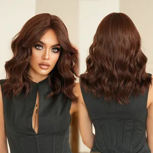 Shoulder-length wavy brown bob wig with middle part shown in front and back view