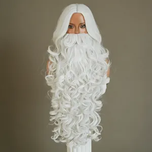 Detailed close-up of white Santa Claus wig and long curly beard set on a display model