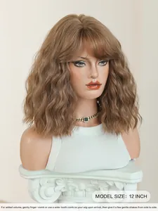 Detail of 12-inch brown wavy bob wig with bangs on a model mannequin head