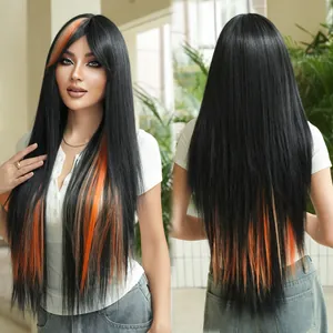 Fashion Long Straight Synthetic Fiber Highlighted Wig Breathable Rose Net Simulation Scalp Daily Cosplay Hairpiece Women