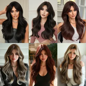 Long Wavy Synthetic Wig With Curtain Bangs Natural Black Brown Ombre Heat Resistant Fiber Long Curly Wig For Women