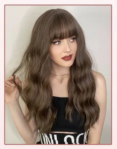 Detailed close-up of dark brown long wavy wig with bangs showing natural hair texture