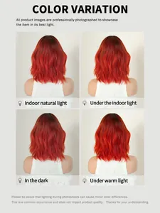 Detail of red wavy bob wig showing fiber texture and color under different lighting