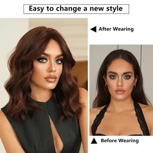 Shoulder-length dark brown wavy bob wig with bangs showing a before and after style change