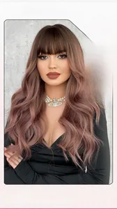 Detailed comparison of long wavy pink-brown wig with bangs for a stylish look