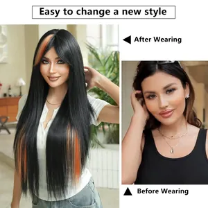 32-inch long straight black cosplay wig with orange highlights and bangs before after look