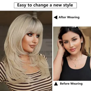 24-inch platinum blonde layered long wig with bangs showing before and after effect
