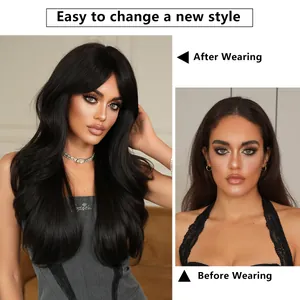 Long wavy black wig with bangs before and after transformation comparison shot