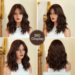 360-degree display of shoulder-length deep brown wavy bob wig with middle part styling