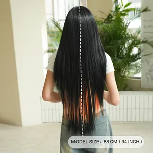 34-inch long straight black hair wig with vibrant sunny orange ombre highlights for women