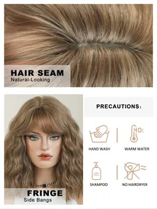 Detail of light brown curly bob wig showing realistic hair seam and washing guide
