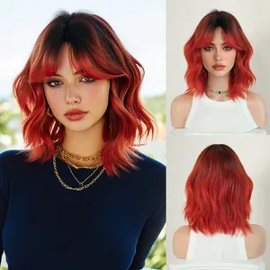 Ombre Wavy Bob Wig For Women Heat Resistant Synthetic Fiber Short Wavy Hair With Bangs Natural Looking For Daily Party Use Hairpiece