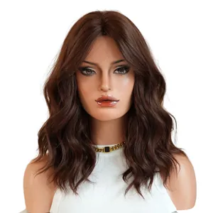 Deep brown shoulder-length wavy bob wig with natural middle part and S-curve textures