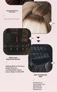 Detail view of adjustable strap, ear tabs and natural hairline on long wavy brown wig