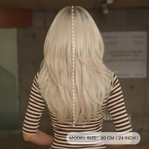 Long blonde 24 inch wavy layered synthetic wig with bangs for a natural volumized look