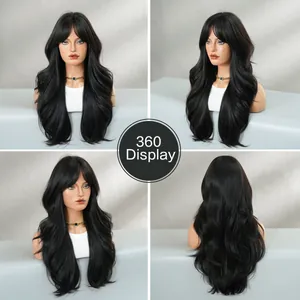 26 inch long wavy black wig with bangs, 360-degree display of natural synthetic hair