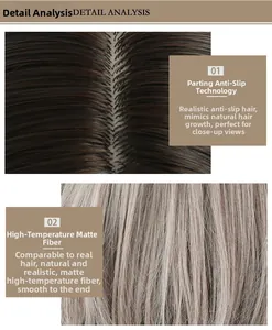 Vue macro de la raie imitation cuir chevelu et des fibres de perruque en soie mate soyeuse