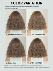 Short wavy brown bob wig color variation chart under different lighting conditions