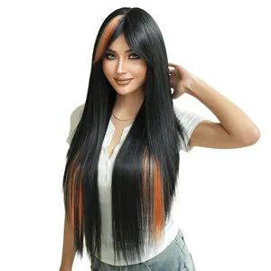 Long straight black hair wig with vibrant orange highlights and side-swept bangs