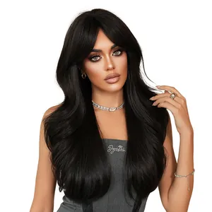 Long wavy black wig for women with center part fringe 26 inch natural synthetic hair