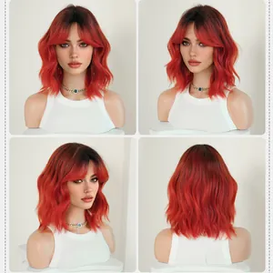 14-inch ombre red and orange wavy bob wig with air bangs made of heat resistant fiber