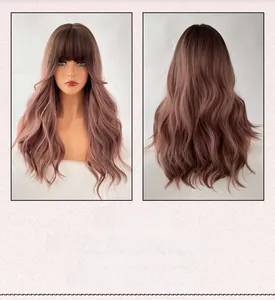 Detail of long wavy ombre wig in pink and brown with bangs on a mannequin head