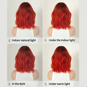14-inch red wavy bob wig with bangs shown in four different lighting conditions