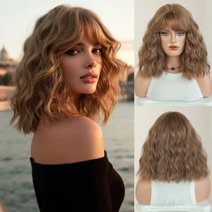 12 Inch Short Curly Brown Bob Wig For Women Synthetic Heat Resistant Fiber Fluffy Natural Wave Wigs With Bangs Hair Piece