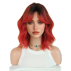 14-inch ombre red curly bob wig for women with wavy synthetic hair and middle bangs