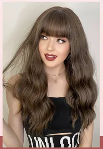 Detail of 22-inch long wavy dark brown wig with bangs showing natural hair texture