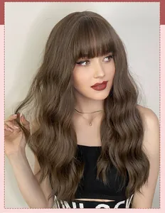 Detail of 22-inch long wavy dark brown wig with bangs showing natural fiber texture