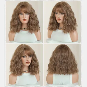 12-inch brown wavy bob wig with bangs shown in a 4-way multi-angle view
